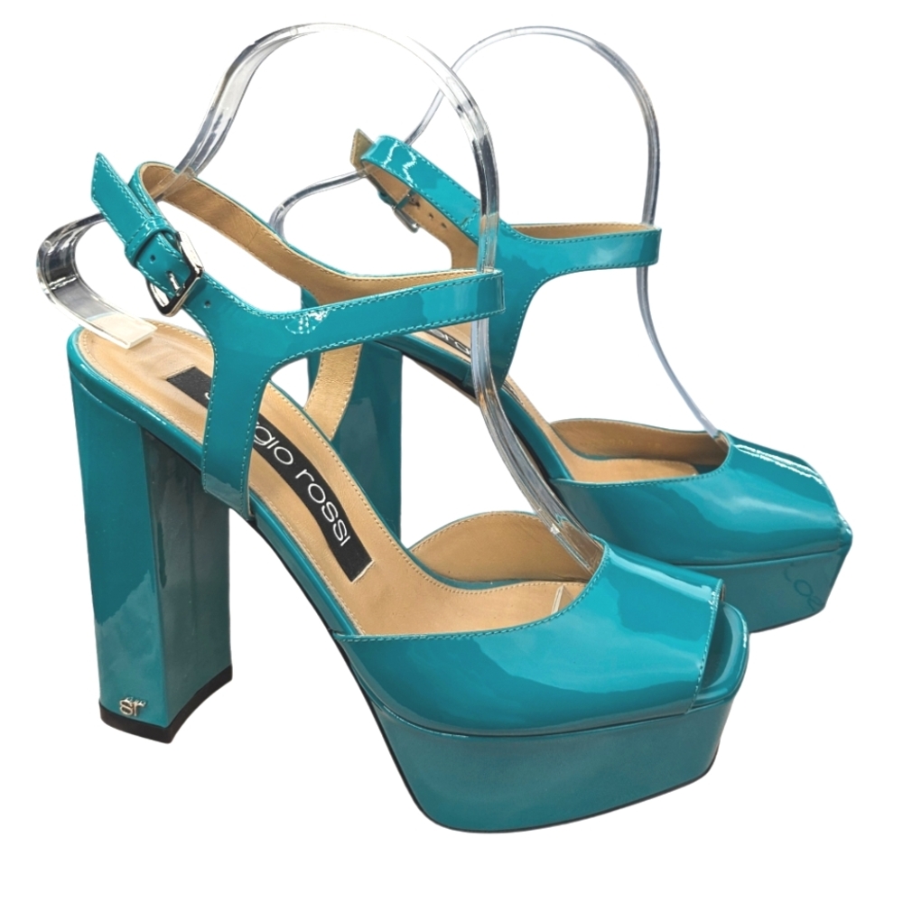 SERGIO ROSSI Milano Turquoise Patent Leather Platform Sandals - Picture 3 of 11